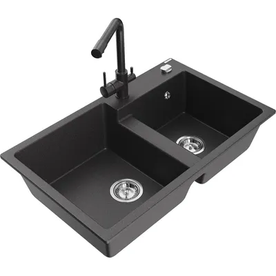 Obrázek produktu pro Mexen Tomas 2-miskový granitový dřez s kuchyňskou baterií Duero, Skvrnitá černá - 6516-76-671600-76