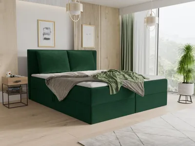 Produktbild von Boxspringbett Egro mit 2 Bettkästen und Zwei große Kissen - Doppelbett mit Bonell-Matratze und Topper, Polsterbett (Dunkelgrün (Kronos 19), 160 x 200 cm)