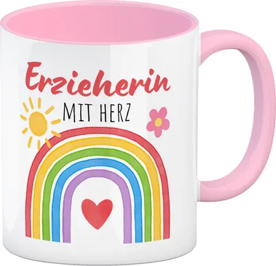 Produktbild von Regenbogen Kaffeebecher in rosa mit Spruch Erzieherin mit Herz