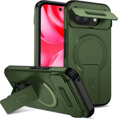 Immagine prodotto di Custodia magnetica per Google Pixel 9A, custodia resistente a due strati con protezione scorrevole della fotocamera e supporto regolabile Verde