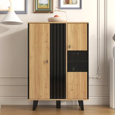 Produktbild von MODFU Kommode Sideboard Beistellschränke mit Glas und LED-Beleuchtung, Schrank Buffet für Wohnzimmer, Schlafzimmer, Kinderzimmer, Jugendzimmer und Büro, Schwarz und Holzfarbe