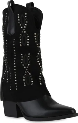 Produktbild von VAN HILL Damen Cowboystiefel Stiefel Spitze Nieten Schuhe 841521, Farbe: Schwarz, Größe: 39