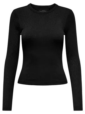 Produktbild von ONLY Damen Ripp-Langarmshirt - ONLVAL O-NECKT SWEAT, Rundhals, Regular Fit, Baumwoll-Stretch, einfarbig Schwarz L