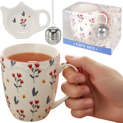 Obrázok produktu pre Čajový set: porcelánový HRNČEK 350 ml s čajové sitko a tanierikom NA BYLINKY, DARČEKOVÉ BALENIE