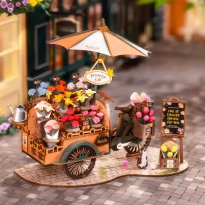 Image de 3D bois chariot à fleurs puzzle 187 pièces, kit de bricolage, chariot à fleurs vintage avec fleurs, kit créatif pour fille, pour le salon et le bureau