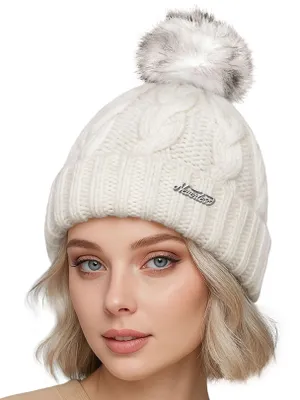 Produktbild von Damen Strickmütze mit Fleecefutter und Kunstfell Bommel Zopfmuster Grobstrick Wintermütze Bommelmütze Model 2207 Neverless®