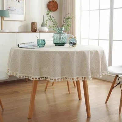 Produktbild von Famanu Rundes Tischdecken aus Leinen - Faltenfrei und schmutzabweisend - Fransen - Beige - 150 cm