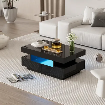 Image de MODFU Table Basse Noire avec Rangement Intégré et Tiroirs - Design Moderne avec Éclairage LED - 80x50x36 cm