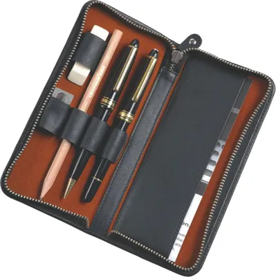 A black leather pencil case with writing instruments inside, laid open on a white background.