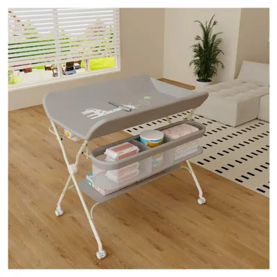 Produktbild von Wickelstation mit Seitenkorb, höhenverstellbarer tragbarer Wickeltisch mit feststellbaren Rädern, multifunktionaler Aufbewahrungs-Organizer fürs Kinderzimmer, 75 x 68 x 83–91 cm (A) (Grau)