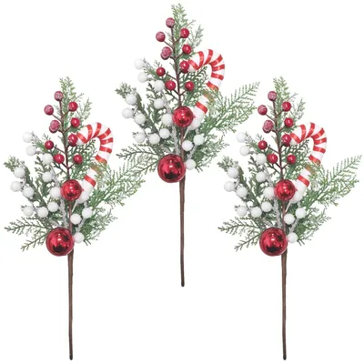 3er-Set künstliche Tannenzweige mit Zuckerstangen und Beeren, 35 cm