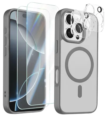 Obrázek produktu pro Avizar, ochranné pouzdro MagSafe pro iPhone 16 Pro, šedé barvy, s 2 ochrannými skly a 2 ochrannými fóliemi na fotoaparáty