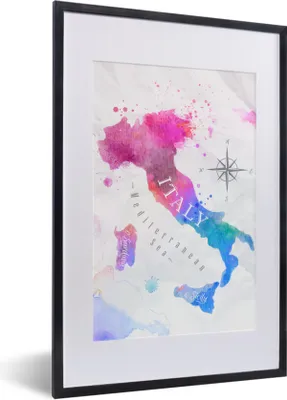 Produktbild von MuchoWow® MuchoWow® Gerahmtes Poster Karte - Aquarell - Italien 40x60 cm - Poster mit zchwarzem Bilderrahmen - Poster in Rahmen