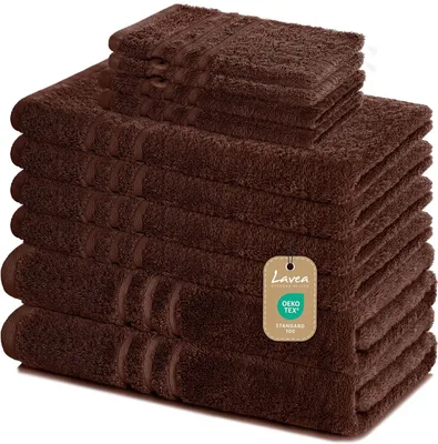 Produktbild von Lavea® Elena 10-teiliges Handtuch Set - 100% Baumwolle, 4x Handtuch + 2x Duschtuch + 2x Gästetuch + 2x Waschhandschuh, Bad & Gäste, Kaffeebraun