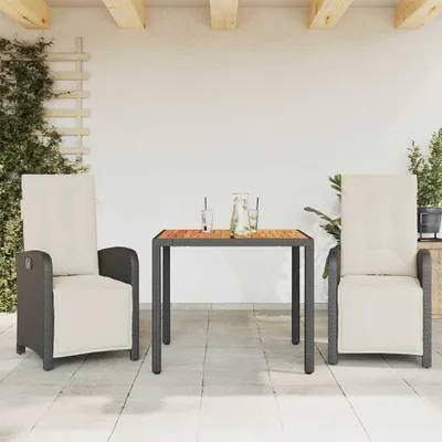 Produktbild von Gartenmöbel-Set, 3-teilig, mit verstellbaren Lounge-Sesseln, Tisch und Kissen aus schwarzem Poly-Rattan für Balkon, Terrasse und Garten