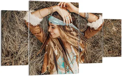 Produktbild von Bild auf Leinwand - Leinwandbild - 4 Teile - Hippie Frau Gras - 160x90cm - Wand Bild - Wanddeko - Wandbilder - Leinwanddruck - Bilder - Wanddekoration - Leinwand bilder - Wandbild - DL160x90-4679