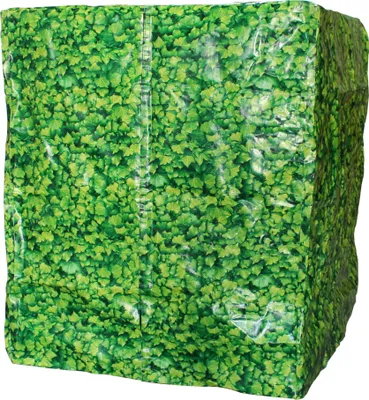 A product shot of a green ivy-patterned cover for an IBC tank.
