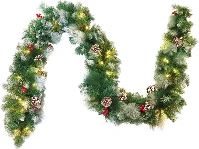Productafbeelding van XMTECH kerstkrans van 300 cm met verlichting, kunstmatige dennenkrans, kerstdecoratie voor kerst, trappen, schoorstenen