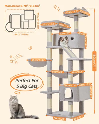 Imagen del producto de Árbol para gatos grande, 180 cm de altura, con 8 postes rascadores, 2 plataformas, 2 cuevas, una hamaca y una cesta para gatos