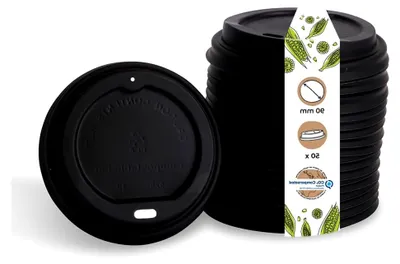 Produktbild von Coffee To Go Deckel für Trinkbecher Ø 90mm I 50 Deckel für Pappbecher aus CPLA Biokunststoff 100% biologisch abbaubar, kompostierbar, recycelbar I Trinkloch Becherdeckel flach schwarz