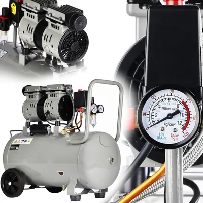 A collage of images showing different views of an air compressor, including a close-up of the pressure gauge.