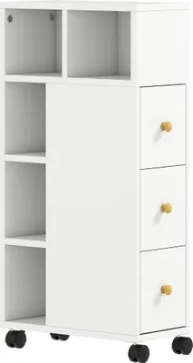 Produktbild von Badezimmerschrank Schmal, Badschrank mit 4 Rollen, 3 Schubladen, 5 offenen Fächern, 20x40x80cm, Weiß