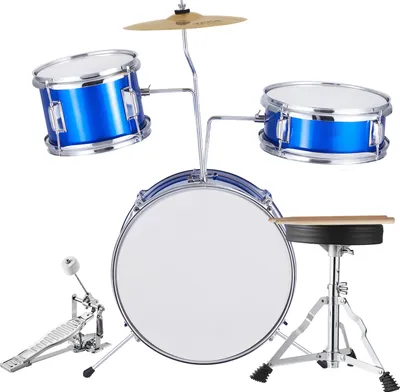 Image de SucceBuy Set de batterie 3 pièces pour enfants, set de batterie pour débutants 14 pouces avec siège réglable, cymbales, pédale, tom 8 pouces, caisse claire 10 pouces, grosse caisse 14 pouces, set de démarrage pour enfants, bleu