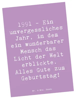 Produktbild von Mr. & Mrs. Panda Grußkarte Spruch 1991 Geburtstag - Lavendeltraum - Geschenk, Jubiläum, Ansichtskarte, inspirierend, spruchkarte, Postkarten, Glückwunsch, Postkarte