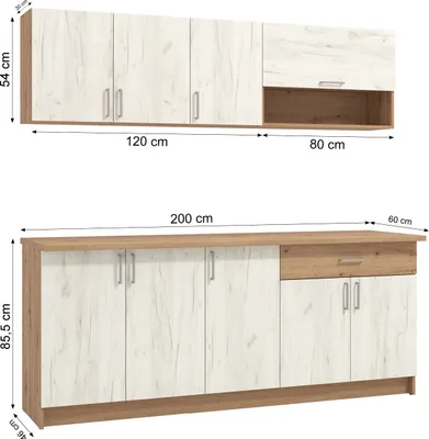 Image de Cuisine linéaire Homestyle4u, largeur 200 cm, sans appareils, style moderne, bois chêne, cuisine intégrée, idéale pour une personne, finition mate, blanc clair