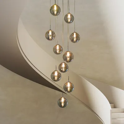 Image de Lampe suspendue ZMH pour table à manger, suspension d'escalier, réglable en hauteur, lampe à 10 ampoules, verre gris, lampe de table à manger pour salon, table à manger, villa, couloir