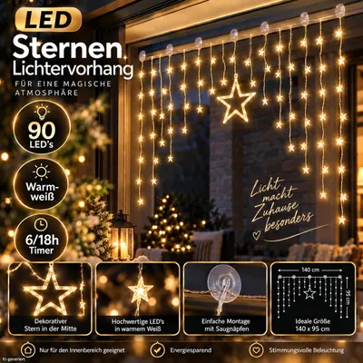 Produktbild von LED Lichtervorhang Sterne Weihnachten 90 LEDs Warmweiß – Weihnachtsbeleuchtung fürs Fenster mit Timer & Saugnäpfen, 140 × 95 cm, KI-generiertes Bild