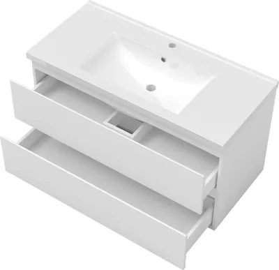 Produktbild von Waschtisch mit Unterschrank 100cm Alast Badmöbel Set Weiß Matt Keramik Waschbecken mit Unterschrank MDF Softclose