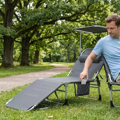 Produktbild von YARDIN 2 Stück Breite Strandliege mit Kopfkissen, belastbar bis 100kg, leicht transportierbar mit Tragegurten, ideal für Park, Strand und Garten Anthrazit