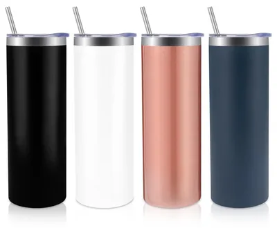Produktbild von Omgoods – Set aus 4 Edelstahlbechern mit Deckel und Strohhalm, 600 ml