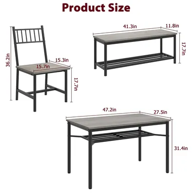 Produktbild von Essgruppe für 4 Personen - Rektangulärer Esstisch 120 cm mit 2 Stühlen, Aufbewahrungsbank und Weinregal - Grau