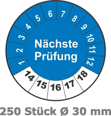 Produktbild von 250 Stück Prüfplaketten für 5 Jahre und 12 Monate, Durchmesser 30 mm rund, Farbe blau-weiss, Aufkleber, Prüfaufkleber, Prüfetiketten, Folienaufkleber mit UV-Schutzlackierung, Prüfung ( Auf-P1 )