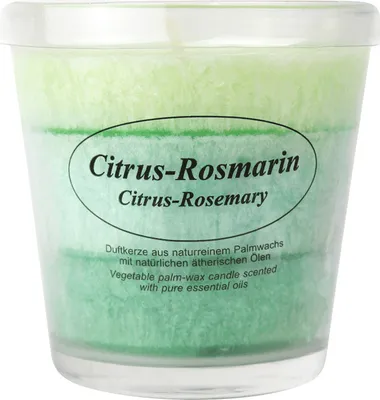 Produktbild von Duftkerze im Glas, 100% pflanzliches Stearin, Citrus-Rosmarin, KERZENFARM HAHN, mit reinen ätherischen Ölen, Brenndauer ca. 24h