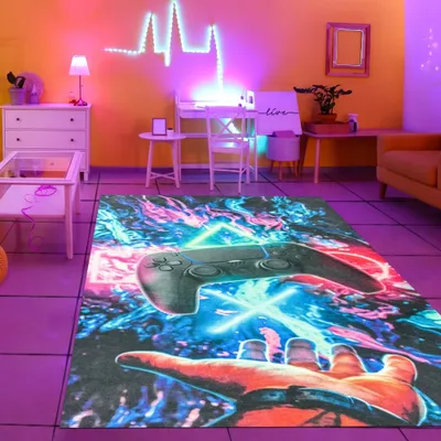 Obrázek produktu pro Herní podložka s výraznými symboly v neonových barvách ve velikosti ovladače – 80 x 150 cm