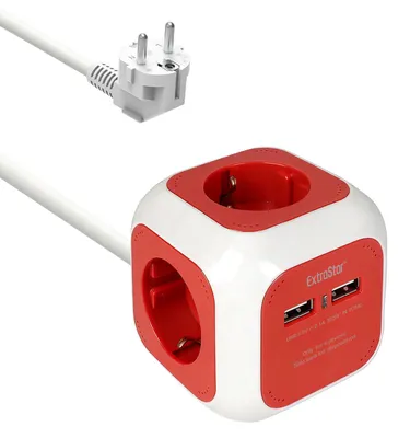 Image de Multiprise EXTRASTAR 6-en-1 avec USB, 4 prises, 2 ports USB, 1,5 m, rouge