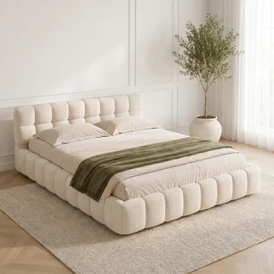 Produktbild von INONEFT Polsterbett Bubble Bett 140x200cm, Doppelbett mit Lattenrost, Jugendbett mit gepolstertem Kopfteil und  Rückenlehne, Leinen, Beige