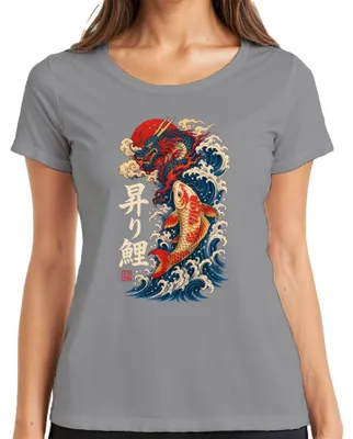 Produktbild von Japan Drache Karpfen Nobori Koi Welle Sonne Tattoo Y2K Irezumi Zen Damen T-Shirt, Grau, L