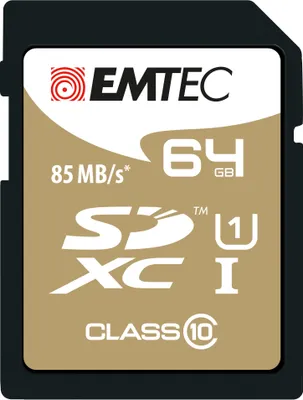 Produktbild von Emtec ECMSD64GXC10GP, 64 GB, SDXC, Klasse 10, 85 MB/s, 21 MB/s, Schwarz, Braun