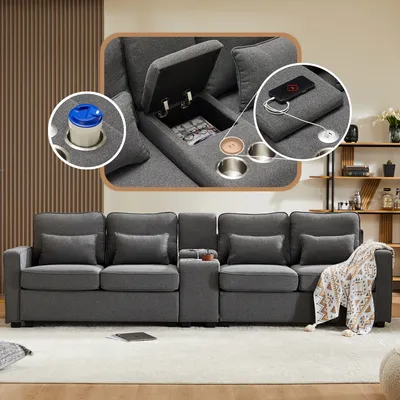 Zdjęcie produktu dla Nowoczesna 4-osobowa sofa Sweiko z lnianej tkaniny z konsolą, 2 uchwytami na kubki, 2 portami USB do ładowania za pomocą kabla, z kieszeniami na podłokietnikach i 4 poduszkami, prosta sofa do salonu, domu, biura