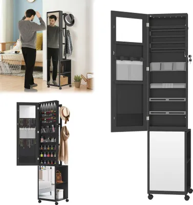 Image de TWOLIIN Miroir armoire à bijoux Rangement pour bijoux avec lampes LED et serrure de sécurité Armoire à glace sur pied 3 en 1 avec roulettes et étagères 36 x 40 x 170 cm Noir