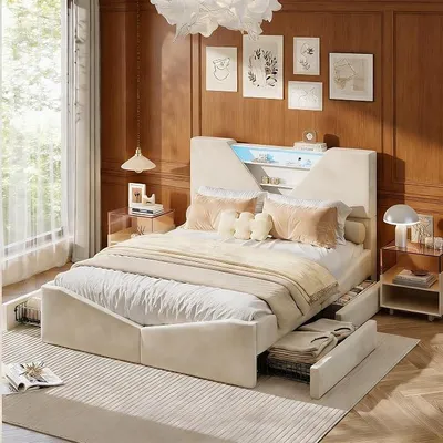 Produktbild von Polsterbett 160x200cm mit Stauraum, 4 Schubladen, LED Jugendbett, Stauraum-Kopfteil, Stauraumbett Funktionsbett, Doppelbett, Bettgestell mit Lattenrost, Ohne Matratze, Samt, Beige