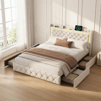 Image de Lit double INONEFT 140 x 190 cm, avec 4 tiroirs, beige, revêtement en velours, lampe de chevet à LED, station de recharge USB, matelas non inclus