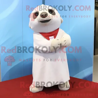 Produktbild von Maskottchenfigur REDBROKOLY eines weißen Faultiers mit Midikleid und Schalklammern