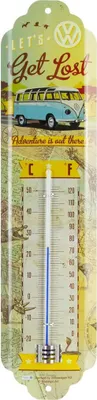 A thermometer with a vintage Volkswagen bus and travel-themed graphics.