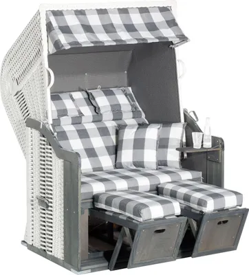 Produktbild von Rustikal Strandkorb 255 Plus 2-Sitzer, Halblieger Ostseeform, Geflecht weiß, herausnehmbare Kissengarnitur, Strukturpolyester kariert, Fichtenholz grau lasiert, ca.125x90x160