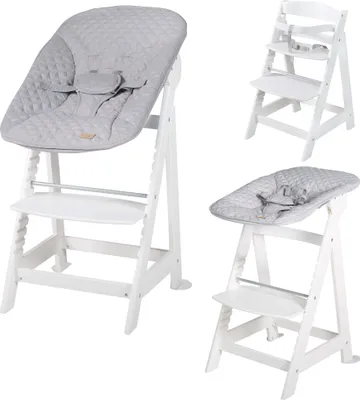 A collage of a white wooden high chair with a gray quilted seat and infant insert, shown in different configurations.